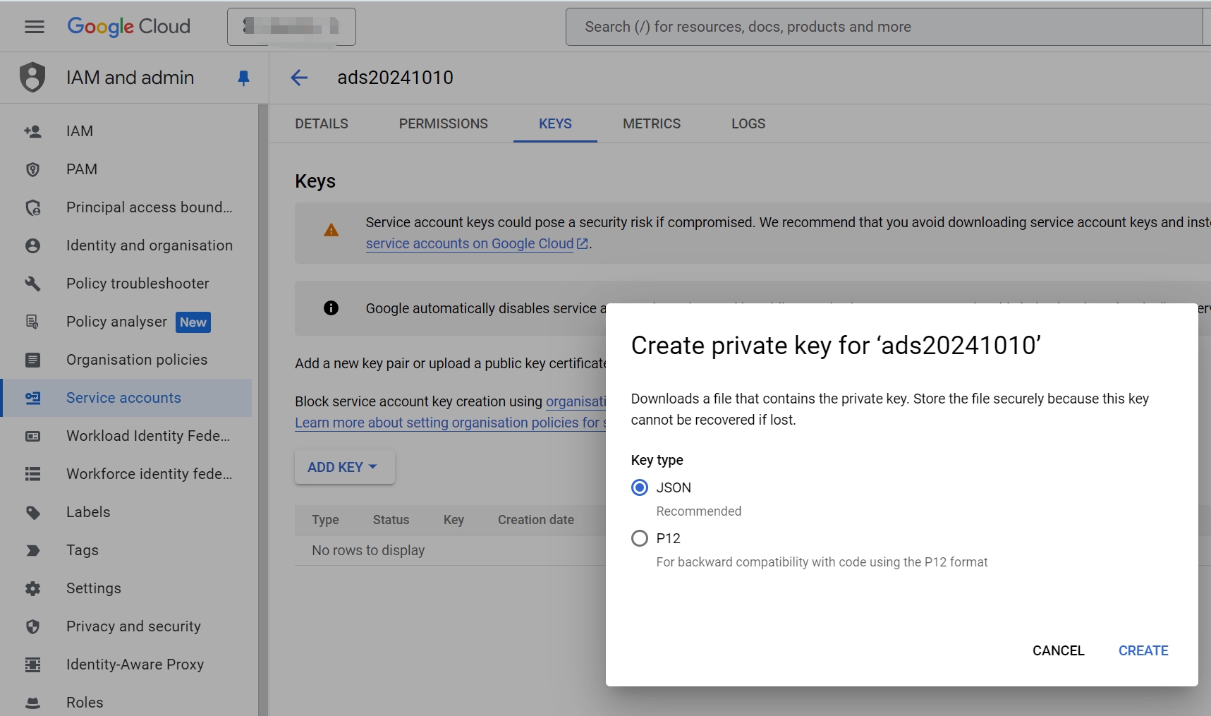 Generate a Key for the Service Account
